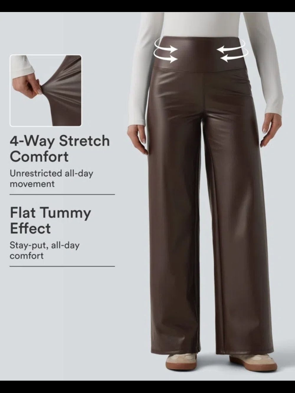 High-Waist Wide-Leg Faux Leather Pants in Dark Brown Tummy Control Sz XL #042